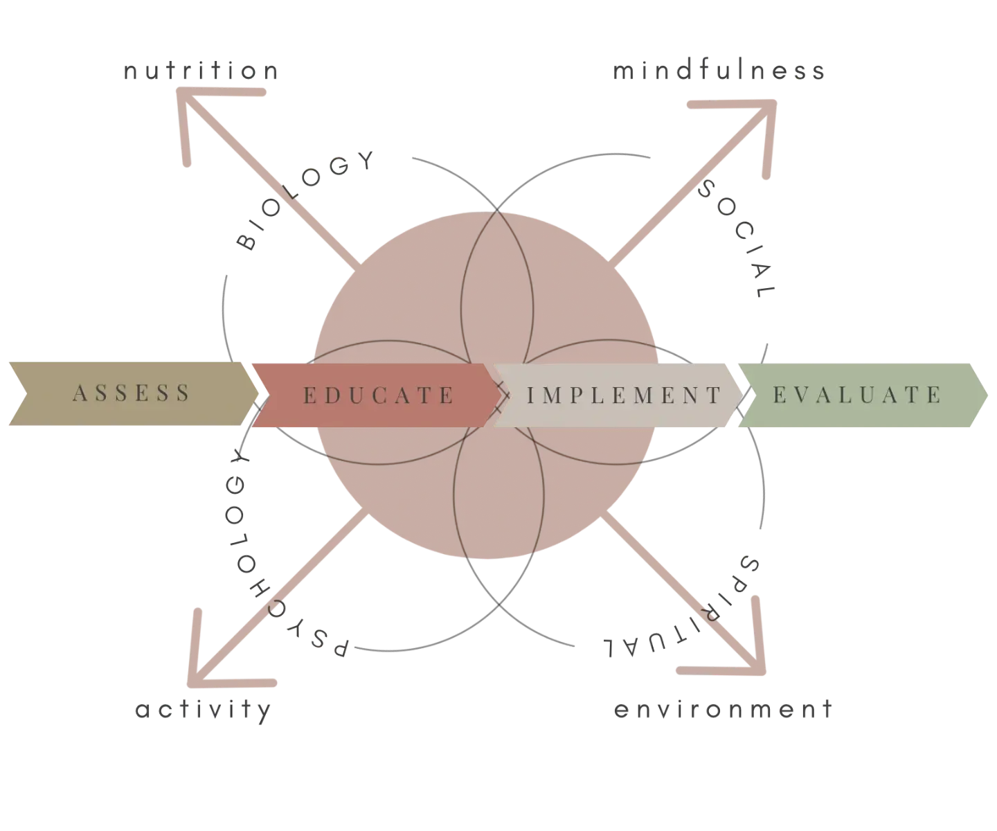 Assess, Educate, Implement, Evaluate - holistic elements: nutrition, mindfulness, biology, social, psychology, spiritual, activity, environment